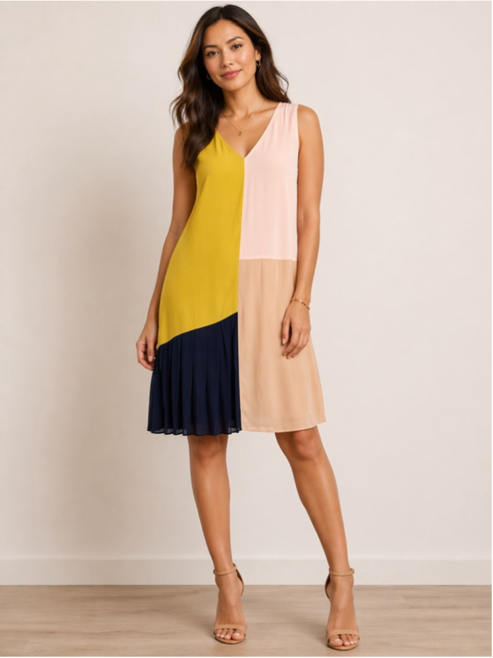 HD In Paris Colorblock Dress Size 8 Yellow Pink Navy Sleeveless Midi